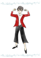 まっすぐ前を向いてガッツポーズをとっている女性の手描き水彩イラストと、光のフレームセット