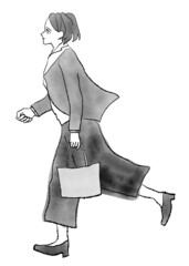 まっすぐ前を向いて、元気よく走っている女性の手描き水彩イラスト（モノクロ・バージョン）