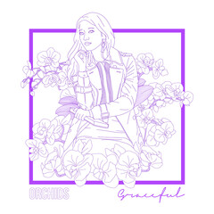  Flowers drawing line art concept. Woman Illustration.
