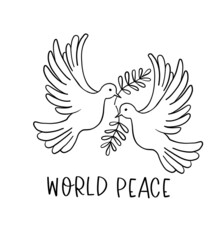 Two flying pigeons with a branch and leaves. Dove of peace. Hand drawn line sketch. Bird symbol of hope, emblem against violence and military conflicts. Vector illustration