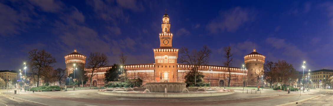 Sforzesco Castle and fountain in Milan, Italy
