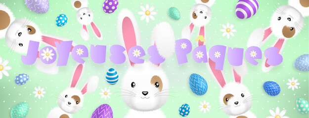 Texte mauve «Joyeuses Pâques» et de nombreux lapins dispersés autour accompagnés d’oeufs colorés et de fleurs sur un fond vert