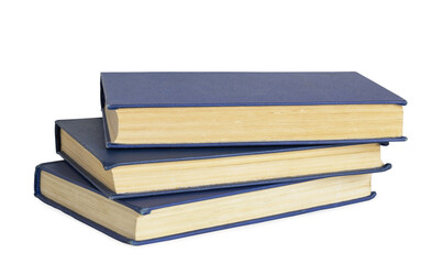 Stack of old books with blue cover isolated on white