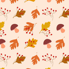 Autumn motive. Mushrooms, leaves, berries. Seamless pattern.