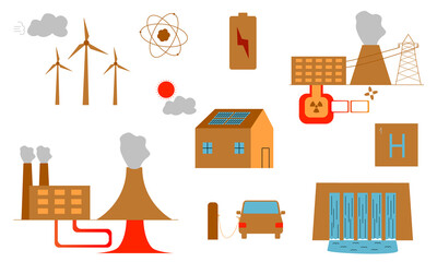 Renewable energy. Set of illustrations showing methods of energy production from natural sources.