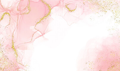 Abstract watercolor or alcohol ink art pink white background with golden crackers. Pastel pink marble drawing effect. llustration design template for wedding invitation,decoration, banner, background.