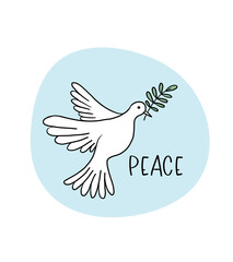 Flying pigeon with branch and leaves. Dove of peace on a background of blue sky. Hand drawn line sketch. Bird symbol of hope, emblem against violence and military conflicts. Vector illustration