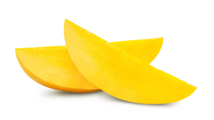 Two slices of yellow mango isolated on white background. Fresh fruits.