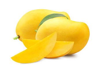 Ripe yellow mango and two mango slices isolated. Fresh fruits.