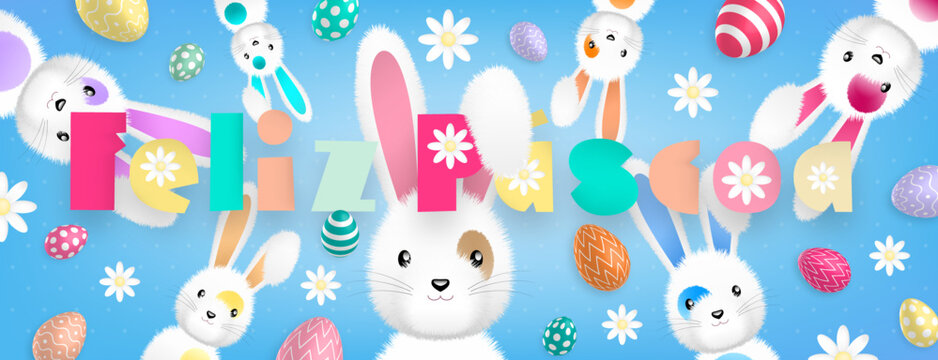 Spanish text with sweet colors : Feliz Pascoa, with many cute white rabbits and many colored eggs and flowers all around on a blue background