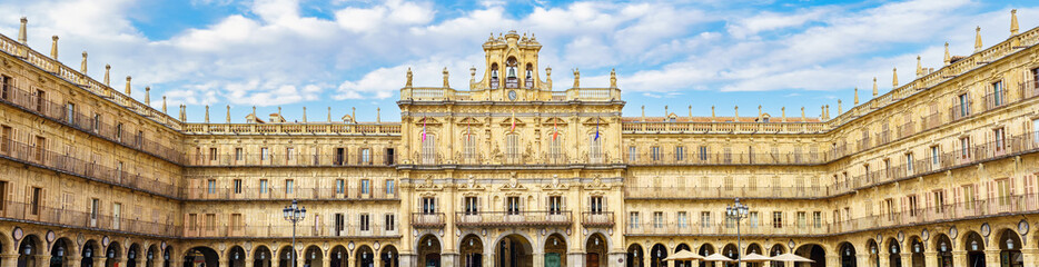 Panoramic view of the gothic buildings of the Plaza Mayor of the monumental city of Salamanca.
