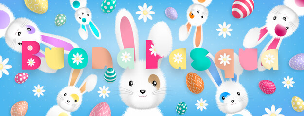 Italian text with sweet colors : Buona Pasqua, with many cute white rabbits and many colored eggs and flowers all around on a blue background