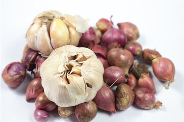 Garlic and onion on a white background
