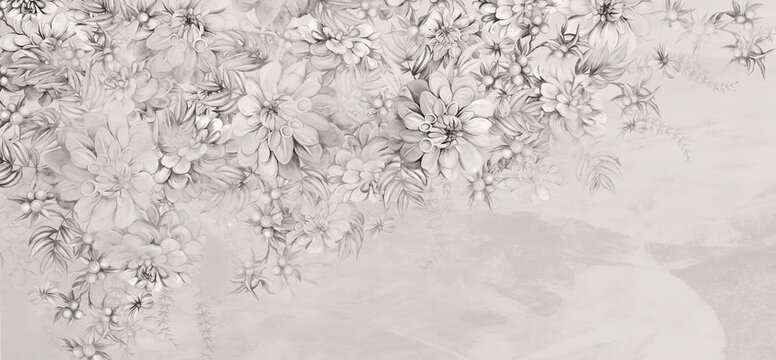 art painted flowers on the textured wall photo wallpaper in the interior in black and white style © Виктория Лысенко