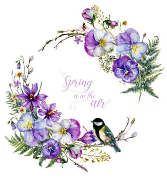 Hand Drawn Watercolor Floral Decoration Isolated on White. Spring Flowers Arrangement in Vintage Style.