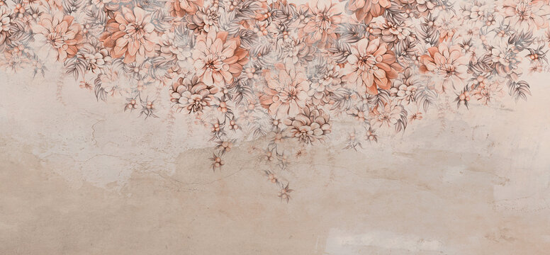 a lot of large flowers buds art drawn that hang down from top to bottom on a textured shabby wall photo wallpaper for the interior © Viktorious_Art