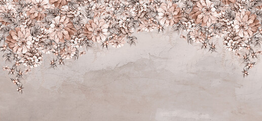 a lot of large flowers buds art drawn that hang down from top to bottom on a textured shabby wall photo wallpaper for the interior - obrazy, fototapety, plakaty