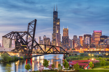 Chicago, Illinois, USA Park and Downtown Skyline - obrazy, fototapety, plakaty