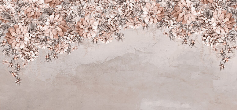 a lot of large flowers buds art drawn that hang down from top to bottom on a textured shabby wall photo wallpaper for the interior