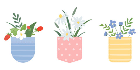 Summer flowers in a pocket. Multicolored pockets with a variety of bouquets.