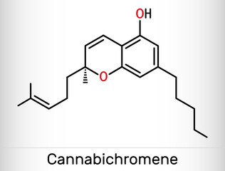 Cannabichromene, CBC molecule. It is phytocannabinoid found in Cannabis sativa and Helichrysum species. Skeletal chemical formula.