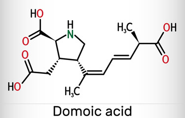 Domoic acid, DA neurotoxin molecule. It is analogue of kainic acid, produced by the diatomic algal Pseudo-nitzschia. Skeletal chemical formula.