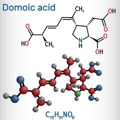 Domoic acid, DA neurotoxin molecule. It is analogue of kainic acid, produced by the diatomic algal Pseudo-nitzschia. Structural chemical formula and molecule model
