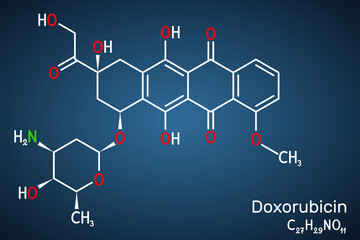 Doxorubicin molecule. It is anthracycline antibiotic with antineoplastic activity, is a chemotherapy medication. Structural chemical formula on the dark blue background