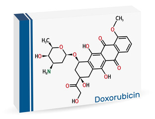 Doxorubicin molecule. It is anthracycline antibiotic with antineoplastic activity, is a chemotherapy medication. Skeletal chemical formula. Paper packaging for drugs. Vector illustration