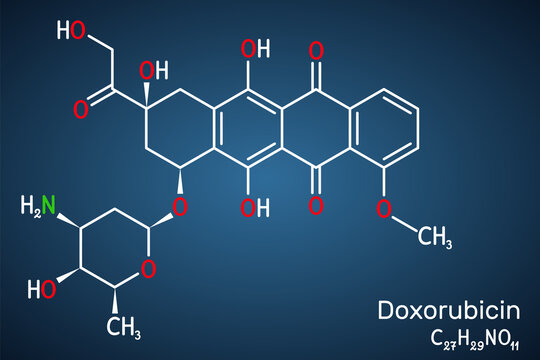 Doxorubicin molecule. It is anthracycline antibiotic with antineoplastic activity, is a chemotherapy medication. Structural chemical formula on the dark blue background