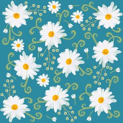 Retro pattern with daisies, bird cherry berries, leaves, tiny buds isolated on emerald green background. Fashion print for fabric.