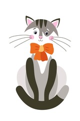 Сute cartoon gray and white cat with orange bow tied around her neck. Isolated on white background. Symbol of Chinese New Year. Print for children's clothing, tableware. Simple expressive drawing.
