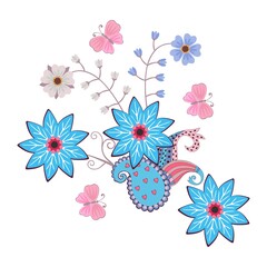 Beautiful print for clothes, ceramic tiles or dishes. Beautiful composition of flowers, paisley patterns and butterflies on a white background.
