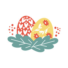 Fototapeta na wymiar Easter yellow and red egg with flowers in leaves. Vector illustration