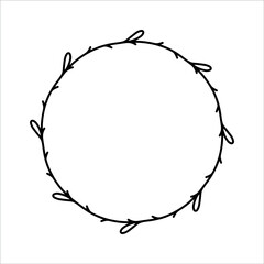 Vector hand drawn spring wreath isolated on white background. Outline circle of leaves. Doodle style. Floral frame. Family monogram.