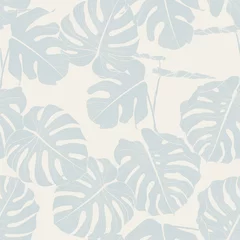 Tapeten Tropische Blätter Nahtloses Blumenmuster mit tropischer Monstera-Pflanze. Tropische Blätter im Retro-Stil. Handgezeichnetes Muster in blauen und beigen Farben. Strichzeichnungen.