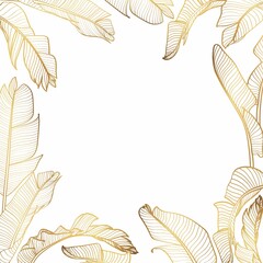 Golden summer tropical background. Palm bananas leaves, Botanical background design for wall framed prints, wall art, invitation, canvas prints, poster, home decor, cover, wallpaper. © Iuliia