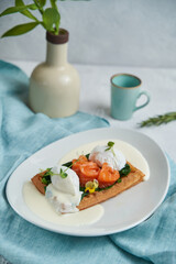 Waffles with soft cheese, red fish.