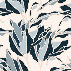Floral seamless pattern, abstract magnolia plant branches with leaves on white.  - 494550610