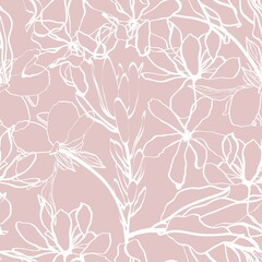 Line exotic magnolia flowers illustration pattern. Contemporary floral seamless pattern. Fashionable template for design. Abstract floral pattern. - 494550612