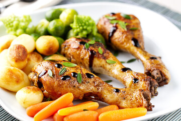 Roast Chicken Thighs with Potatoes, Carrots, Broccoli and Brussels Sprouts