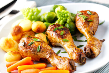 Roast Chicken Thighs with Potatoes, Carrots, Broccoli and Brussels Sprouts