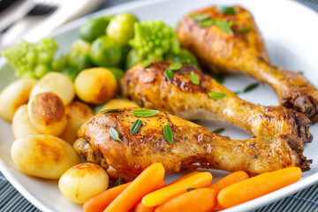 Roast Chicken Thighs with Potatoes, Carrots, Broccoli and Brussels Sprouts