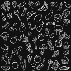 Vector set icons with foods. Doodle vector with foods icons on black background. Vintage food set icons, sweet elements background for your project, menu, cafe shop.