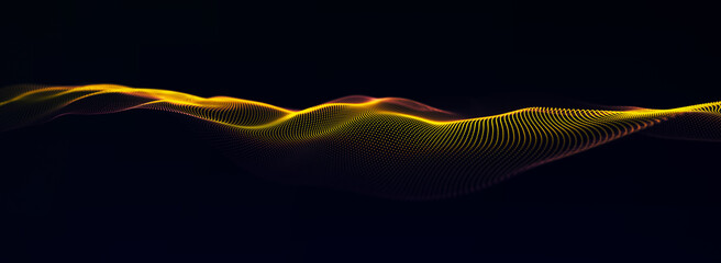 Dynamic golden wave on a dark background. Visualization of big data. Futuristic particle wave. Science and technology. 3d rendering.