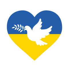 Dove of peace in the heart in blue and yellow colors of the flag of Ukraine. The concept of peace in Ukraine. Vector illustration for your design.