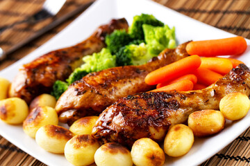 Roast Chicken Thighs with Potatoes, Carrots, Broccoli and Brussels Sprouts