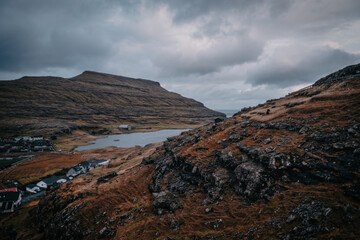 Eidi, Faroe Islands, Denmark - November 2021: Small port town on Streymoy Island.