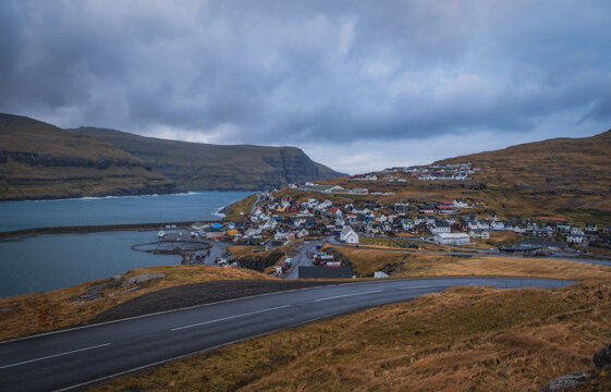 Eidi, Faroe Islands, Denmark - November 2021: Small port town on Streymoy Island.