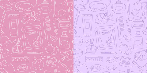 Skin care illustration. Vector seamless pattern of hand drawn hygiene beauty outline products with herbal creams, oil, face mask, makeup tools, towel, bath accessories. Natural organic cosmetics